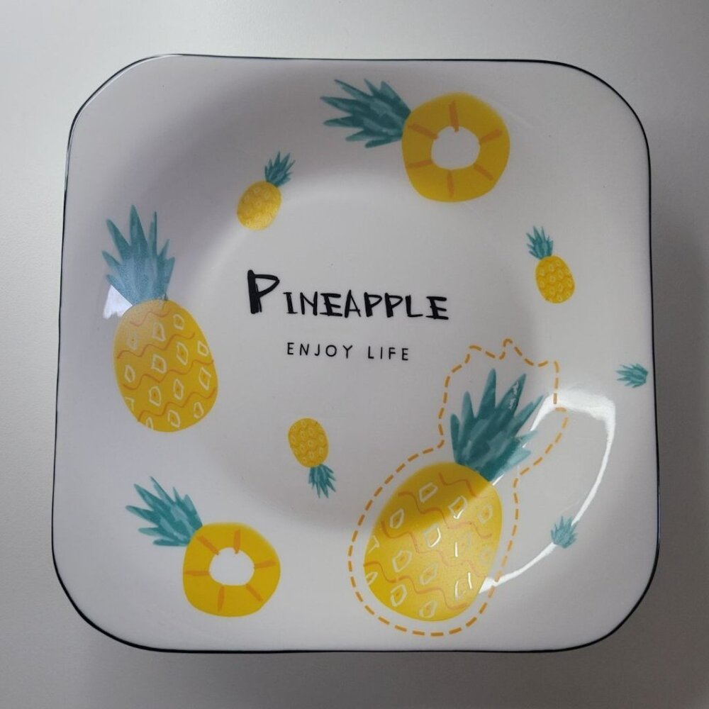 Pineapple Enjoy Life Plate Bowl Dish Set 4 Piece Raise Side Yellow Ceramic Fruit - Picture 6 of 7